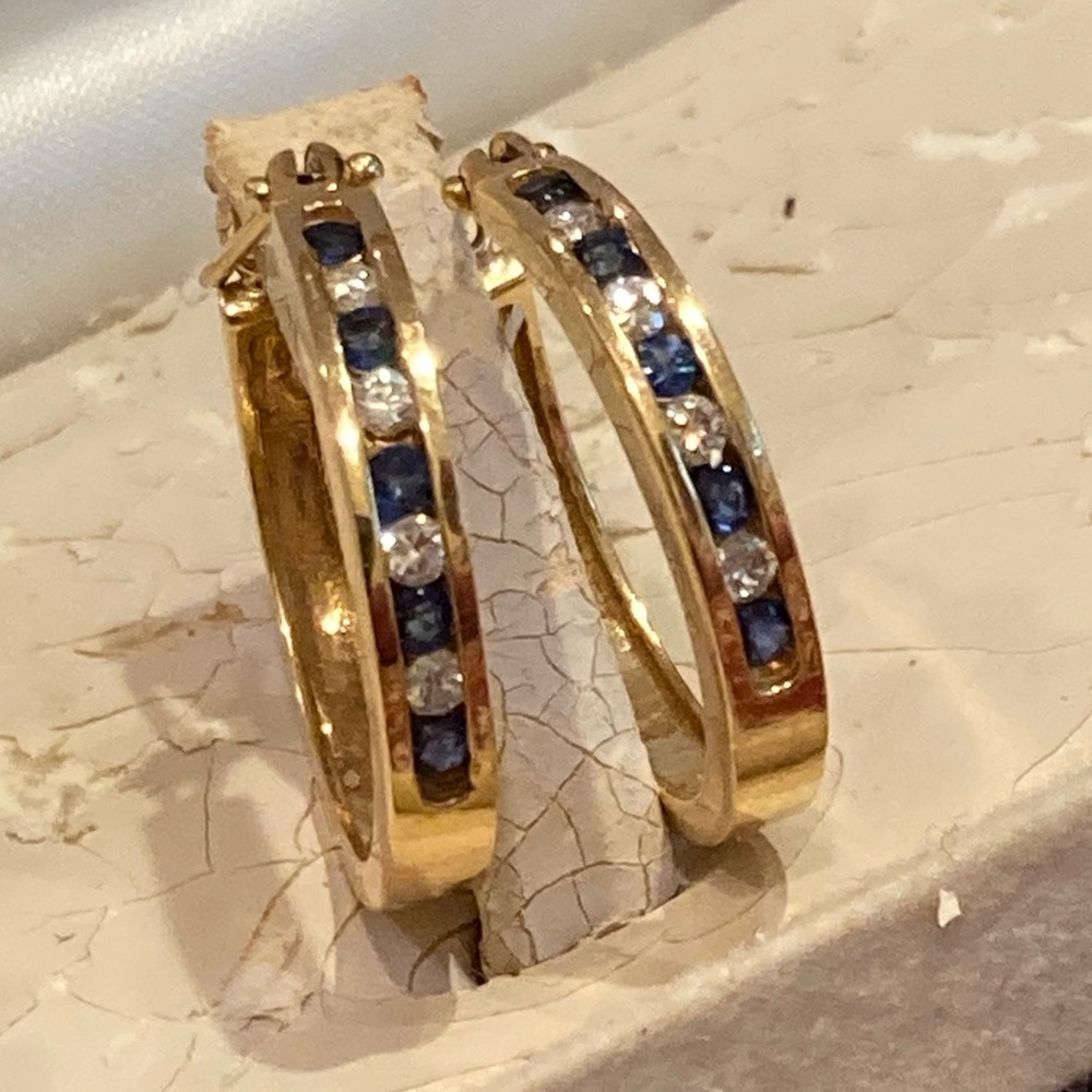 Genuine Sapphire & Diamond Channel Set 14K Yellow Gold Hoop Pierced Earrings